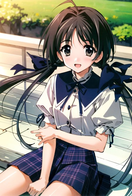 <lora:hotaruShirokawaMemories_v01:0.7>,((shirokawaHotaru)),masterpiece, best quality, extremely detailed, perfect light, colorful, sitting, detailed nature background, cowboy shot, 1girl, solo, focus on face, (happy face:1), open mouth, outdoors, black_ribbon, hair_ribbon, long_hair, plaid_skirt, puffy_short_sleeves, twintails,