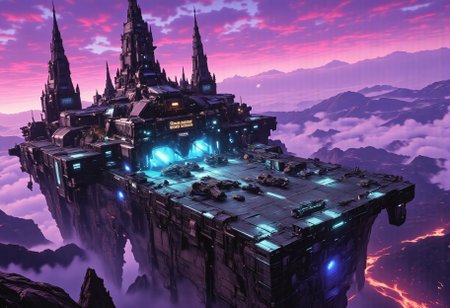 OBxiaoxiang, CAICO, inksketch purple and gray theme, Abstract digital painting in the style of ck-js, detailed photorealistic image, a sci-fi Piratebase of colossal buildings and towers in a barren lavender lush landscape, looking like an Pirate Outpost perched at the Cliff, of a volcanic cliff, its sleek towers a stark contrast to the cliffs surrounding it. The planet’s sun casts a vivid, cyan surreal light across the station, while deep fissures reveal glowing rivers of molten pink lava far below. The sky is a surreal shade of black and purple, dark glowing diodes and lights ((dark glowing diodes, lights and neon signs), Reaper Syndicate written on the neon signs), attached to the building is a landing field with 3  Spaceships landed on it, Dragonkin like creatures are around fixing some spaceships, two moons hanging low in the horizon, each reflecting light off the surface, large depth of field. The sky is a dark pink, with 2 broken soft blue moon hanging low in the horizon <lora:more_details>
realistic, detailed background, shaded, detailed, hi res, realistic, photography \(artwork\), (by kenket), by ross tran, by michael & inessa garmash, by pino daeni, by isvoc, by kiguri, by alena aenami, by ruan jia, (by zenthetiger, by wolfy-nail), by Enki Bilal, by drmax, photorealism, <lora:add_detail:1.3