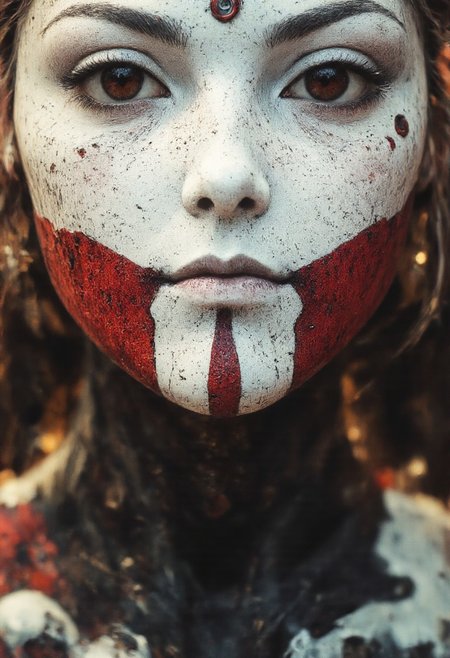 The image is a highly detailed, CGI-rendered digital artwork capturing an extreme close-up of a mystical smiling woman with maori inspired vibrant Red chin-tattoo Made of small dotts or Points, tiny circles AS chin tattoo, She wears an enigmatic mask made of white plaster, distinguished by two large, round, black dots serving as eyes. The mask’s surface is intricately detailed with cracks and fissures, through which the exquisitely rendered features of her face are subtly revealed. Her expression, partially hidden yet powerfully evocative, hints at ancient secrets and deep emotion. Bathed in soft, ethereal light, the scene exudes a surreal quality that heightens its mystical allure. Gentle, diffused illumination caresses the delicate contours of the plaster mask and the intricate details of her skin, emphasizing the interplay of light and shadow. The ambient glow enhances the texture of the fractured plaster, casting soft highlights along the edges of the cracks, while deep, tender shadows add a sense of depth and intrigue to her partially unveiled visage.
The overall atmosphere is one of profound mystery and quiet intensity—a visual narrative where concealment and revelation intertwine. Rendered in ultra-realistic 8K quality, every nuance from the mask’s subtle imperfections to the soulful glimpse of the woman beneath is brought to life, creating an artwork that is both hauntingly beautiful and enigmatically inviting.