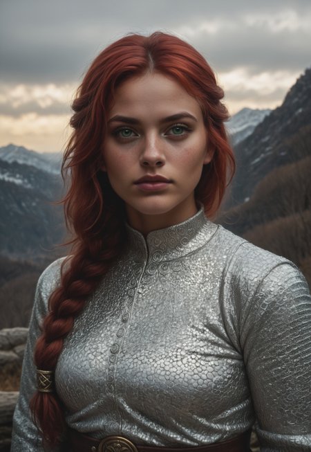 safe_pos, score_9, score_8_up, score_7_up, 1girl, solo, 
Viking warrior, intricate chainmail armor with leather accents and Norse runes, ancient battle axe with a polished wooden handle and a gleaming steel blade, long braided red hair adorned with bronze beads, realistic, cinematic angle, cinematic lighting, muscular body, fierce face, piercing green eyes, battle-ready pose 
BREAK 
standing on a rugged coastal cliff 
BREAK 
source_Viking_art, rating_explicit, expressive, dynamic pose 
BREAK 
detailed beautiful background, dramatic coastal landscape with towering cliffs and crashing waves, ancient Viking longships on the horizon, rugged terrain with rocky outcrops and wild grasses, distant mountains with snow-capped peaks, epic atmosphere with a sense of adventure and danger <lora:Expressive_H:0.6> Expressiveh, (SimplepositiveXLv1:1.3), 
(((upper body, full clothed:1.85))) ((masterpiece)) (ultra realistic, 32k, masterpiece:1.2), (high detailed skin:1.1), (high quality:1.1) (((full clothed))), (8k uhd:1,4) <lora:DandonFuga_Style_v.2_-_Pony:0.8> 
<lora:add-detail-xl:1> 
<lora:Dynamic Poses:1>