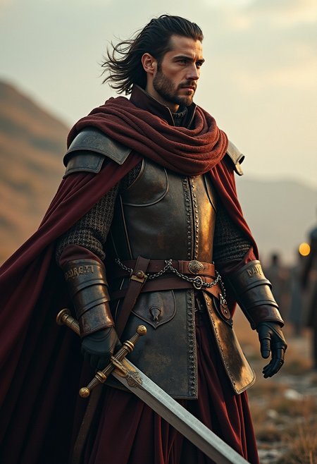 He was cloaked and booted as if for a journey on horseback; and although his garments were rich and handsome, they were stained with long travel. His dark hair was shorn about his shoulders,  he was clad in a coat of mail, and girt with a great long-sword, and he looked at them as if to challenge them to strike. He seemed older and more kingly, yet more like a soldier than before.
His hood was cast back, and his dark hair was blowing in the wind, a light was in his eyes: a king returning from exile to his own land.