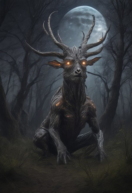 masterpiece,best quality,amazing quality,very aesthetic,absurdres,newest, huge filesize, absurd res, 
pascaH, no face, monster, grey skin, wrinkly body, horns, full body, side view, claws, forest, nighttime, stars, moon, trees, clouds, grass, fireflies, beautiful, glowing, scenery, Petrified Wood Morph,