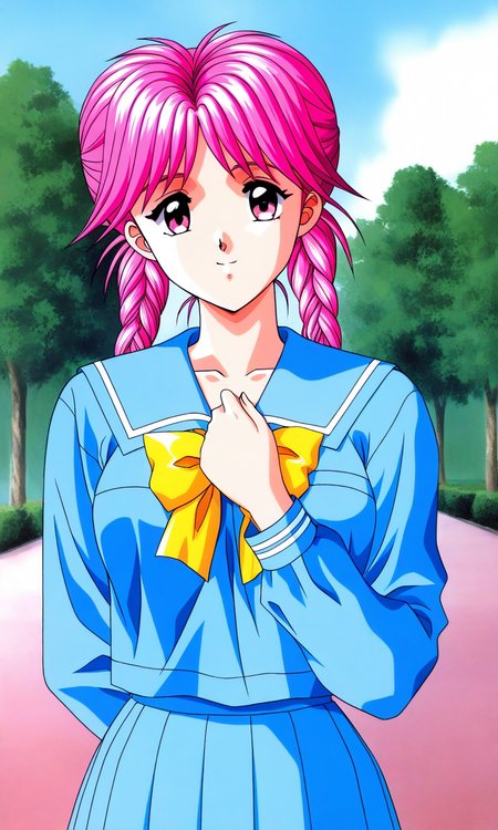 general,highres, ultra-detailed,very aesthetic,best quality ,best hands, BREAK  <lora:Koshiki_Yukari_Tokimeki_Memorial_IS:1>
Koshiki_Yukari(Tokimeki_Memorial), 1girl, solo, pink hair, twin braids, long hair, pink eyes, bangs, breasts,
school uniform, blue serafuku, blue skirt, Yellow bow, hand on own chest,
sailor collar, blue sailor collar, smile, long sleeves, pleated skirt, 
outdoor, tree, sky,