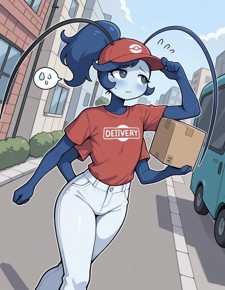 masterpiece, best quality, amazing quality, very detailed, newest, no humans, WnMlttBt, pokemon \(creature\), multicolored skin, (4 arms:1.4), blue hair, antennae, 1boy, male, male only, femboy, crossdressing, (delivery boy), holding boxes, walking, cowboy shot, cap, red shirt, white pants, outdoors, neighborhood, suburbs, delivery van, (dynamic angle, dynamic pose), (multiple boxes), ponytail, spoken sweat drop, (no nose), <lora:1214d12e-1ad5-4f79-9766-25110fe55ba4:0.8>