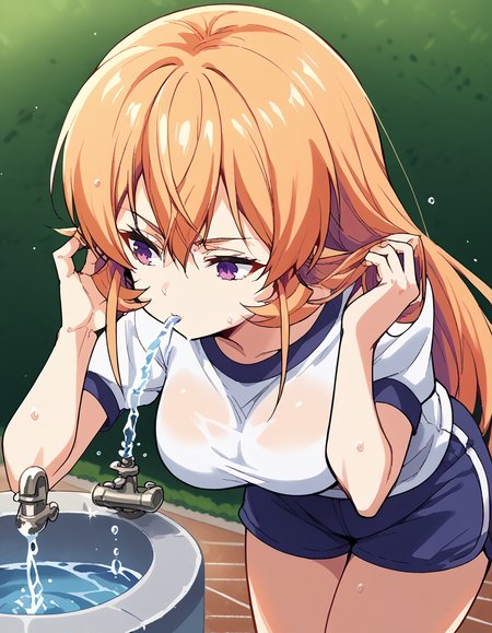 score_9, score_8_up, score_7_up, source_anime, <lora:erina-nakiri-s1-ponyxl-lora-nochekaiser:1>, erina nakiri, long hair, orange hair, purple eyes, hair between eyes, large breasts, <lora:drinking-fountain-ponyxl-lora-nochekaiser:1>, drinking fountain, faucet, drinking, fountain, water, water drop,, gym uniform, gym shirt, gym shorts, bent, leaning forward, <lora:tucking-hair-ponyxl-lora-nochekaiser:1>, tucking hair, adjusting hair, hand on own hair, hair behind ear,, cowboy shot,