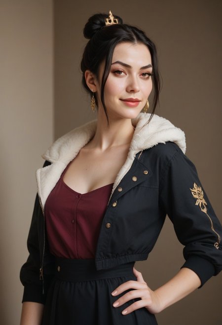 score_9, score_8_up, score_7_up,1girl, A Azula -looking woman with long dark hair, combed back. She is wearing a light jacket with pink and black details. The jacket has an eagle design on the left side of the chest and the word "MEX" in secret letters. Underneath the jacket, she wears a short black dress. The woman is standing, with one hand on her waist and the other at her side, showing confidence. She has a calm facial expression and a slight smile. She also wears small, discreet earrings.