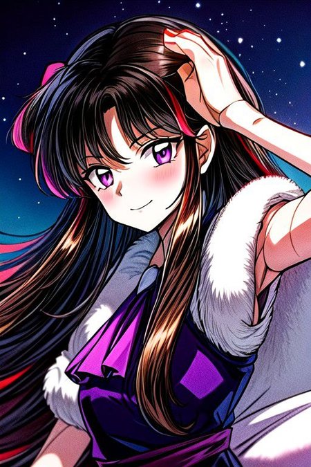 masterpiece,  best quality 1girl Setsun4 solo long hair,  (night time) forest background black hair very long hair purple eyes multicolored hair armor (fur trim) (medium body),<lora:EMS-179-EMS:0.800000>,<lora:EMS-293862-EMS:0.800000> bow, hair_bow, hair_tubes, red_bow, brown_hair, long_hair, bangs, sidelocks, ascot, brown_eyes, frilled_bow, yellow_ascot, blush, smile, hair_between_eyes