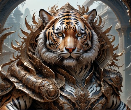 <lora:KarolBakXL:0.7>,kbak style,full body,official art,trending on artstation and deviantart,tiger,vivid,epic,fantasy, 8k uhd,absurd res,ultra detailed,masterpiece,awardwinning,sharp focus,intricate detail,50mm lens