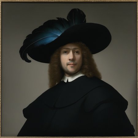 a painting of a man in a black suit and feathered hat <lora:RembrandtXL_v1:1>