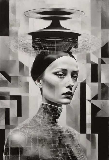 Monochrome black and white, Dali, Magritte, Delvaux, Bellmer, Malevitch, Rodchenko, Mondrian, Kandinsky, Popovna, psychedelic hallucination, pop surrealism, rough crosshatch drawing pop art Lunatic_Portrait of a young girl in latex, slick back, low bun, black makeup, sinister expression, intense glare, avant-garde, abstract, weird, geometric, constructivism, suprematism, rayonism, verticism, lineism, tj