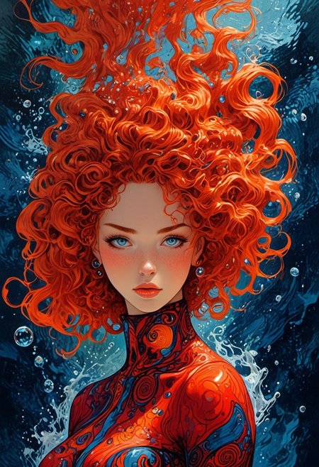 The composition includes evil female, red short dress, curly red hair with glitter, phone wallpaper size,  futuristic crystal of the picture shows water,  trending on ArtStation, backstroke in the pool, most of the picture shows water, detailed, abstract, trippy, 60s style, op art, dark blues and blacks, patterns, hypnotic, art by careening into peace.