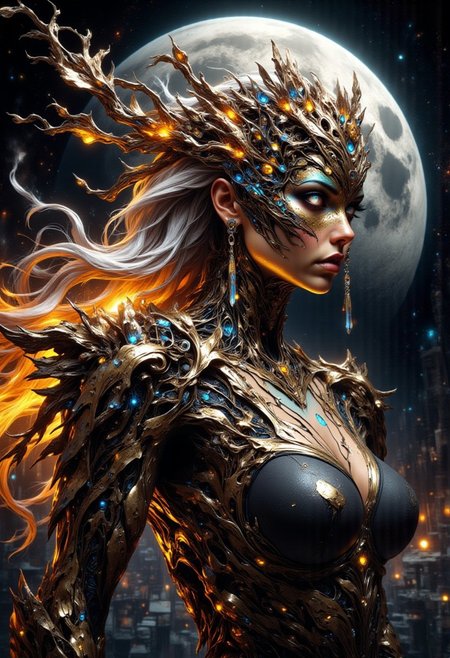 Against the background of a huge full Mars, with thousands of stars, a huge comet tail. A crystal woman with skin made up of thin, textured gold leaves, with chrome and gold flowers intricately woven into her hair, with eyes shining with warm blue light, pupils like the universe, in a majestic, elegant dress with torn metal petals fluttering in the wind, reminiscent of a dark, dystopian world, her face and shoulders illuminated with soft diffused light, as if radiating otherworldly energy, in the styles of Royo's dark mystical realism, the overdetalized metallic luster of Artgerm and the eerie atmospheric tension of Lovecraft, with careful attention to complex textures, dramatic shades and a sense of mesmerizing, unearthly beauty, wavy long white hair cascading smoothly, fire invites her body. His face is partially covered by a surreal crystal mask, the surface of which shimmers with a layer of sparkling lights, creating a futuristic and mysterious atmosphere. Elegant chrome chains hang elegantly from his ears, emphasizing the grace of his movements and reflecting the light.