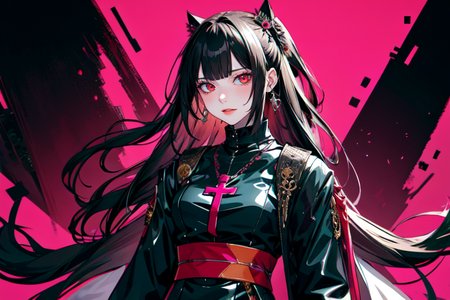 highly insanely detailed, masterpiece, top quality, best quality, highres, 4k, 8k, RAW photo, (very aesthetic, beautiful and aesthetic),  
beth_\(megami_tensei\),bethsmtii,shin megami tensei ii,long hair,black hair,straight hair,sleek black,jewelry,cross,headband,red_lipstick,Tokyo_Millennium,post-apocalyptic_city,dystopian_world,Valhalla,gladiator_tournaments,Order_of_Messiah,Religious_order,messianic_cult,divine_rulers,Great_Cataclysm,World_ending_event,apocalyptic_disaster,city_rebirt, 
<lora:zs_Beth:0>, 
(1girl:1.3), 1other, 
neon orange background,neon pink background,(dripping colors background,abstract colored background),âââ