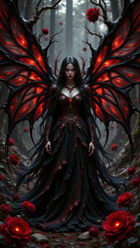 pinkdarkfantasy,
 A photorealistic 3D artwork of a stunning fairy with a crimson and black theme inspired by black roses and dark magic. Her long, flowing hair, a deep, rich crimson, cascades down her back like rivulets of blood. Her eyes, a piercing, glowing crimson, hold an intense, almost hypnotic gaze. Her wings, delicate yet powerful, are crafted from a shadowy, translucent black material, veined with crimson lines resembling the thorns of a rose. She is adorned in a gown of shimmering, layered black fabric, reminiscent of unfolding black rose petals, giving her a darkly elegant and regal presence. The scene is enveloped in swirling fractal patterns inspired by thorny vines and the spiraling centers of black roses, creating a dramatic and mysterious atmosphere. The overall composition is rich in contrast and texture, with a gothic, almost surreal quality that brings the fairy and her surroundings to life in a dramatic interplay of crimson and black.