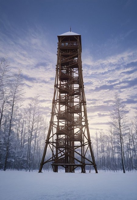 <lora:wooden_lookout_tower:1> , wooden_lookout_tower, kilato, no humans, sky, cloud, outdoors, scenery, tree, winter, snow