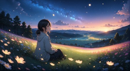 (masterpiece, top quality, best quality, official art, beautiful and aesthetic:1.2)
1girl, sitting on grass, looking at the sky in the distance, night, nighttime sky, lantern lighting up immediate area, stars, end of sunset, colorful sky, peaceful, flower field , fireflies, highly detailed, detailed background, wide shot,   
highres, ultra high res, 4k, 8k, intricate detail, cinematic lighting, amazing quality, wallpaper <lora:aesthetic_anime_v1s:1.2>  <lora:fiasco_A1:1> <lora:add_details_xl:1.2>