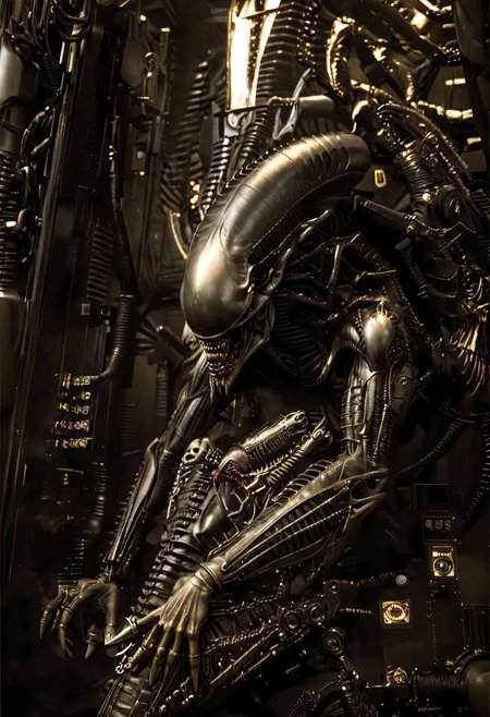 An insanely Detailed Divine Xenomorph, Golden and silver in color, cyberpunk, a crimson tinge to the golden color, Hyperdetailed, Omnipresent, Beautiful, Sinister overtones, otherworldly,by HR Giger