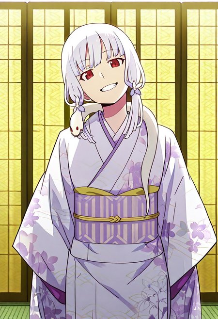 Smooth Quality - Illustrious, sfw,
anime, illustration, nadeko, red eyes,medium hair,white hair,snake hair,albino, 
<lora:NSFWFilter_illusXL_Incrs_v1:-1>
<lora:Snake_on_Shoulders:0.8> sn4k3, snake on shoulders, large snake, white snake,
1girl, solo, standing, cowboy shot, alluring pose, 
japanese clothes, white kimono, furisode, floral print, 
looking at viewer, head tilt, beautiful smile, grin,
golden folding screen, zabuton, tatami,