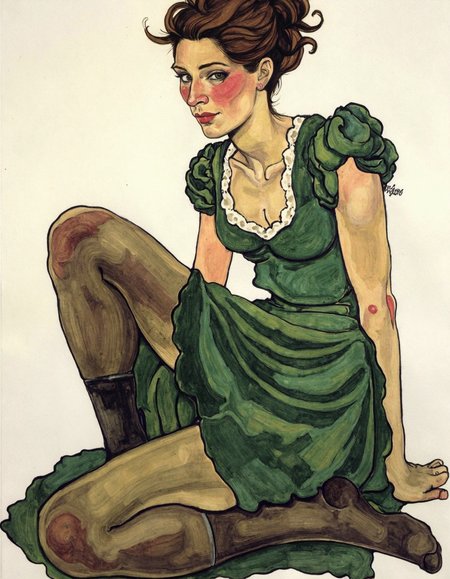 (egonschiele style painting) woman with green dress, thighhighs, white outline