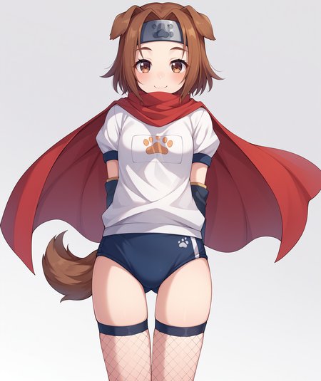 score_9, score_8_up, score_7_up, score_6_up, score_5_up, score_4_up, BREAK, source_anime, best quality, masterpiece, 2d, intricate details, official style, anime, 4k, anime style,
konohaai, 1girl, solo, brown eyes, blush, smile, short hair, brown hair, animal ears, tail, dog ears, dog tail, dog girl, forehead protector, headband, metal headband,
thighhighs, gloves, elbow gloves, fingerless gloves, scarf, cape, headband, thigh gap, fishnets, gym uniform, buruma, fishnet thighhighs, blue buruma, 
arms behind back, cowboy shot, looking at viewer, white background, simple background, gradient background, <lora:Konoha_Pony:1>, <lora:add_details_xl:0.4>