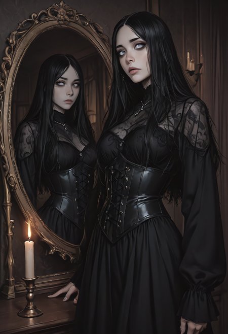 darkmode, (((best quality))), (((masterpiece))), (((amazing quality))), (((very aesthetic))), (((detailed eyes))), (((perfect eyes))), (((realistic eyes))), pale-skinned goth girl standing near an antique mirror, soft candlelight reflecting off her black leather corset and sheer mesh top, long black hair with full bangs, thick black glasses glowing subtly, deep eye contact with viewer, dark velvet curtain background, cinematic shadows, soft rim lighting, gothic jewelry, moody noir tone, faint haze, introspective atmosphere, 58mm lens,