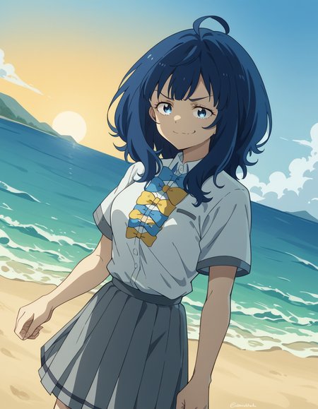 score_9, score_8_up, score_7_up, source_anime, <lora:anna-yanami-s1-ponyxl-lora-nochekaiser:1>, anna yanami, medium hair, blue eyes, ahoge, blue hair, medium breasts, skirt, shirt, bow, school uniform, white shirt, short sleeves, pleated skirt, bowtie, yellow bow, grey skirt, yellow bowtie, blue bow, blue bowtie,, beach, sunset, walking along shore, footprints in sand, waves, peaceful, , , smug, solo,, cowboy shot, dutch angle