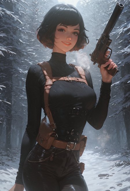 score_9, score_8_up, score_7_up, high detailed, high quality, masterpiece, no text, quality highlights, 8k detail, ultra-detailed, ... 1girl, woman, april o'neil, bob cut black hair, beautiful face, smile, black ribbed sweater, Holster harness, (black pants:1.15), thin waist, (covered nipples:0.5),   (holding a gun:1.2), looking at viewer,  (snowy forest, night time:1.15),   steam, steam from the skin, steam from the mouth,  <lora:Breast_Slider_-_Pony_alpha1.0_rank4_noxattn_last:-2.0000000000000004> <lora:Dramatic_Lighting_Slider:2.0000000000000004> <lora:AIã¤ã©ã¹ããããã_(2):1.0000000000000002> <lora:Expressive_H-000001:1.0000000000000002>