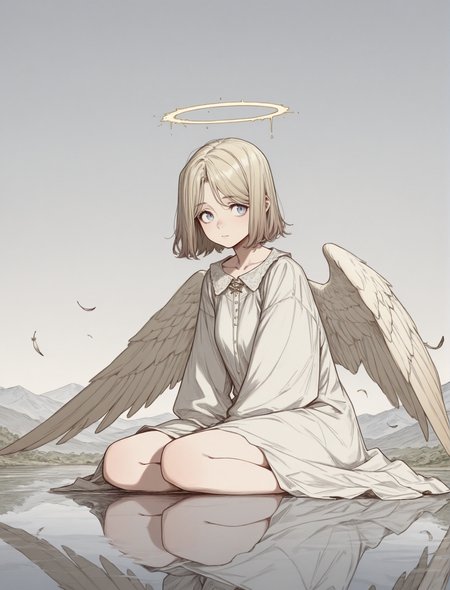 score_9, score_8_up, score_7_up, score_6_up, score_5_up, highly detailed, detailed background, masterpiece, absurdres,<lora:sabu-goblinden-illust:0.85>, <lora:tsukareta_san_style_v2_illustrious:0.46>, <lora:detailed_eye_model:1.2>, xsabux, sketch, tsukar3ta style, detailed_eye_model, solo, 1girl, angel, wings, halo, blue eyes, short hair, gradient gold hair, feathers, water, reflection, grey sky, firefly, sitting, (portrait:1.2)