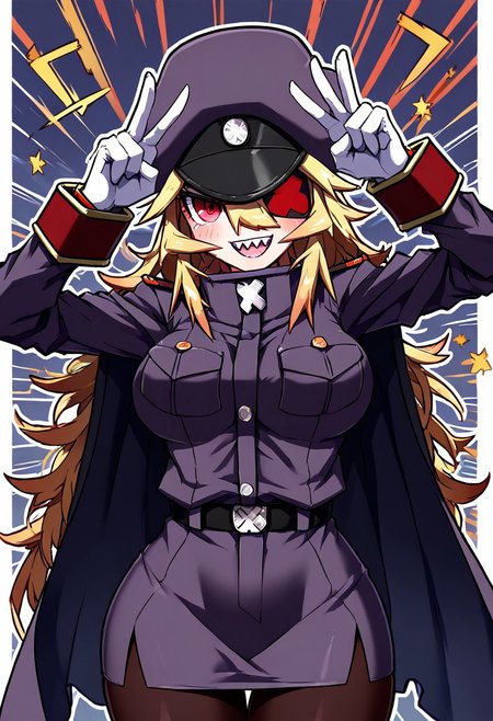 score_9, score_8_up, score_7_up, character portrait, cowboy shot, thick outline, angular line style, red eyes, eyepatch, blonde hair, long hair, white gloves, peaked cap, purple cap, military uniform, military, cape, long sleeves, pencil skirt, pantyhose, white gloves, peaked cap, purple cap, military uniform, cap, military, long sleeves, pencil skirt, pantyhose, :D, open mouth,
peace, smile, blushing, motion lines, effects, sharp teeth, pose, dynamic pose,