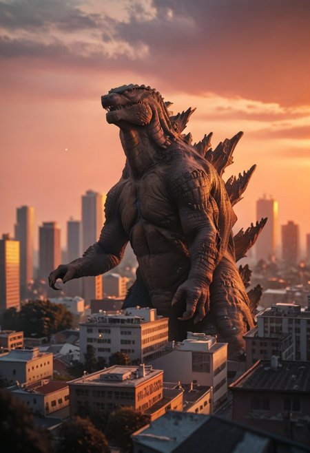 Score_9, score_8_up, score_7_up, score_6_up, zPDXL3, wide shot, monster focus, BREAK, realistic,hyperrealism,ornate,studio photograph, skinny Godzilla kaijuu,gigantic monster, model_buildinga, model_kit_(medium), city skyline, plastic buildings, forced perspective, red sky, black clouds, evening, blurry background, building, outdoors, dusk,