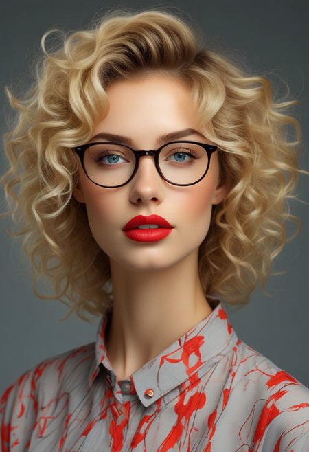 bellissima 1girl, solo, looking at viewer, blue eyes, blonde hair, simple background, shirt, upper body, parted lips, glasses, collared shirt, grey background, lips, eyelashes, makeup, wavy hair, portrait, curly hair, realistic, red lips, print shirt