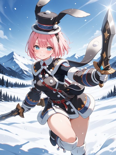 snow, mountain, snowbaron lagombi armor, 1girl, solo, short hair, blue eyes, smile, sword, holding sword, dual wielding, looking at viewer, blush, black fur-trimmed top hat, black fur-trimmed capelet, black fur-trimmed coat, black fur-trimmed gloves, black fur-trimmed boots, black bag,
masterpiece,best quality,amazing quality,very aesthetic,absurdres,newest,<lora:Snowbaron Lagombi Armor illuXL v1:0.75>,