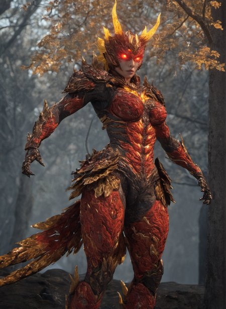 <lora:niohxlyaki2-step00000420:0.8>, full body,niohxlyaki,armour,1girl,epic, awardwinning,red yokai form,Hyperdetailed Photography,yoki,raw photo,128k UHd, yellow glowing,trending on artstation, cinematic , forest in the background