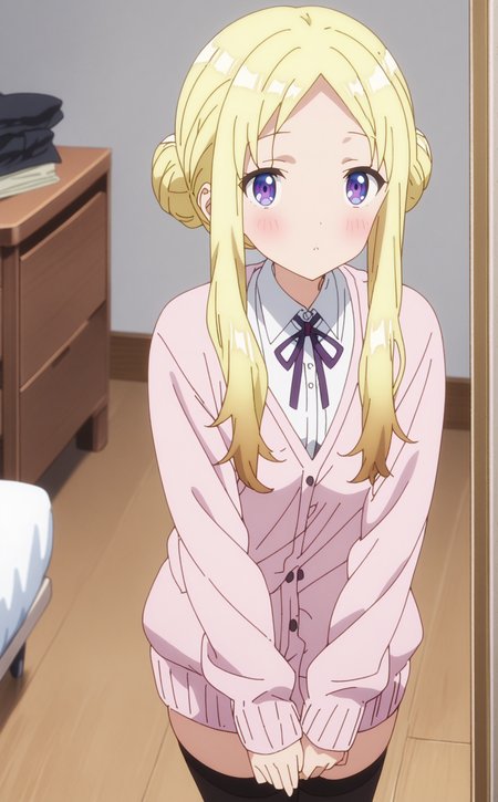 masterpiece, best quality, very aesthetic, absurdres, anime coloring,
1girl, solo, rufuria_(rpg_fudousan), dailyclothes, purple eyes, blonde hair, long hair, parted bangs, double bun, sidelocks, long sleeves, cardigan, shirt, thighhighs, neck ribbon, 
blush, full body, looking at viewer, room,
 <lora:Rufuria_RPG_Fudousan_-_SDXL_LoRa_Pony_and_AnimegineXL:1>