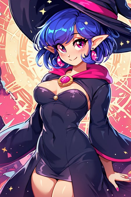 score_9, score_8_up, score_8, medium breasts, (curvy), cute, eyelashes,       BREAK, , zzIrene, pointy ears, short hair, blue hair, witch hat, witch,  earrings, long robe,  <lora:IreneZelda_PDXL:0.8>,  , BREAK, smile, closed mouth, looking at viewer, cowboy shot, ,,, embedding:zPDXL, Expressiveh, ,,, <lora:Konpeto_PDXL_v3:1.0>, <lora:SDXLFaeTastic2400:0.5>, <lora:Expressive_H-000001:0.4>,