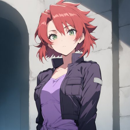 solo,looking at viewer,upper_body,masterpiece,high score,great score,absurdres,jacket,purple shirt,<lora:Chiaia_Flan ag4o v1:1> chiaiaflan, short hair, red hair, green eyes,