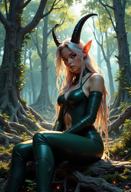A female figure with goat-like features sits on a large, fallen tree trunk. Her body has a humanoid form with fair skin and goat-like ears that are angled outward, colored light pink. Black curved horns emerge from her head, framing her long, wavy, platinum blonde hair that flows past her shoulders. Her eyes are large and silver, with an ethereal glow. She wears a form-fitting, dark green leather bodysuit with straps crossing her chest, leaving her arms bare except for the long, dark green arm guards that extend from her wrists to her upper arms. Her legs are crossed in a relaxed position as she sits with her hands resting on her knees.   A mystical forest with towering, ancient trees, their leaves creating a dense canopy overhead. Sunlight filters through the foliage, casting patches of soft light on the forest floor. The atmosphere is calm and serene, with the occasional ray of light illuminating patches of moss and small, glowing plants. In the background, shadows of trees fade into the distance, adding a sense of depth and mystery to the scene.      <lora:FluxMythP0rtr4itStyle:0.8> MythP0rt, <lora:ARTifacts:0.66>
