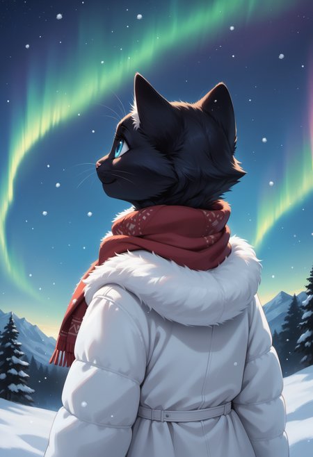 score_9, score_8_up, score_7_up, source_furry, high quality, perfection, detailed, aesthetic, well-lighted,
winter, night, white background, snow, snowfall, aurora borealis, starry night,
1girl, solo, from behind, back view,
furry female, anthro, furred body, fluffy fur, beautiful girl, cute girl, young, youthful, beautiful face, beautiful eyes, perfect eyes, detailed eyes,
(cat girl), (black fur:1.2), one-tone fur, blue eyes, (no hair, hairless, bald), big eyes,
winter clothes, oversized fur coat, white coat, huge scarf, red scarf,
facing looking up, awe, smile,
<lora:princess_xl_v2:0.6>, <lora:p_ami_v10_adafactor:0.4>, <lora:incase-ilff-v3-4:0.5>, <lora:CleanDetailed_Eyes:0.25>,âââ