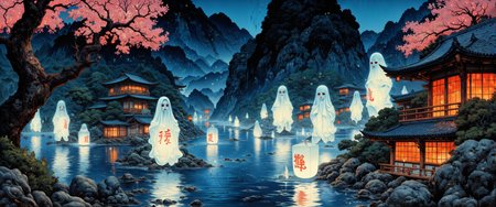 A nocturnal scene in nihonga style depicting 'Obon Festival of Ghosts', rendered on handmade washi paper with mineral pigments and gold leaf accents. Ethereal spirits of ancestors drift through a mountain village, their translucent forms illuminated by paper lanterns floating on a midnight-blue river. Cherry tree branches frame the composition asymmetrically, their dark silhouettes contrasting with the luminous apparitions. Traditional architectural elementsâcurved temple roofs and wooden torii gatesâanchor the spiritual gathering. The palette employs traditional Japanese pigments: indigo depths, vermilion accents, and silver highlights that capture moonlight. Incorporates yugen (profound mystery) through areas of emptiness and suggestion, with misty negative space enhancing the boundary between worlds. Fine brushwork details spirit faces with nostalgic expressions, while bold calligraphic strokes define lantern kanji characters. <lora:boFLUX Double Exposure Magic v2:0.7> <lora:Hyperdetailed_Colored_Pencil:0.7> <lora:Anime realistic V2:0.3> <lora:Vintage comic book:0.5> <lora:flux_dev:1>