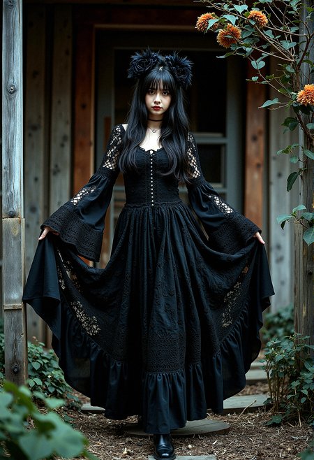 A Gothic woman with dark tones and intricate details, dressed in a bohemian crochet dress with voluminous bell sleeves. The rustic wooden house setting is illuminated by dramatic, high-contrast lighting, creating a moody, mysterious atmosphere. Black flowers and wilted blooms add to the textured, haunting beauty of the scene.

She walks with both hands holding up the sides of her dress, creating a beautiful arc of fabric as she moves.






