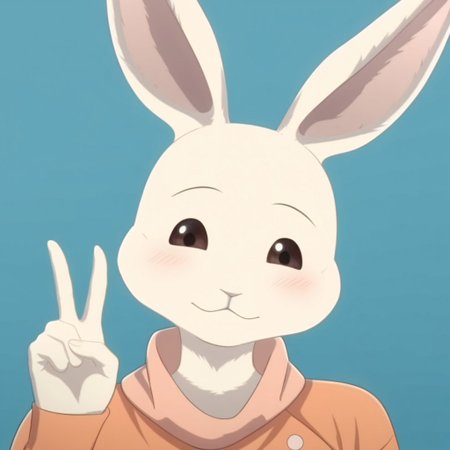 score_9, score_8_up, score_7_up, Expressiveh, masterpiece, best quality, highly detailed, realistic,  1girl, solo, (HaruS3, furry, anthro, lagomorph, female rabbit, pink inner ear, black eyebrows, thin eyebrows, white body, white fur, clothed, orange shirt, orange topwear), upper body, close-up, blue background, simple background, closed mouth, blushing, smile ((peace sign, 5 fingers))