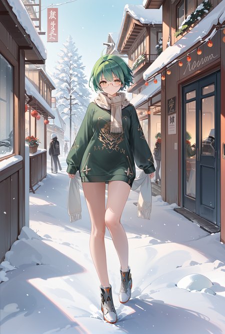 score_9, score_8_up, score_7_up,full body, 
middle eastern architecture, street,  
 admiral nakhimov (azur lane), 1girl, green hair,yellow eyes, short hair, 
sweater,snow,scarf,semi-rimless eyewear, <lora:NakhimovXLPony:0.9>
