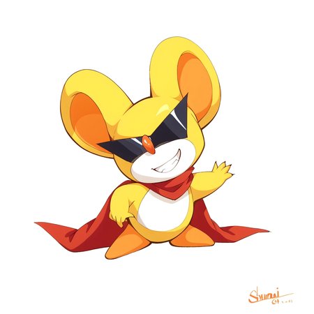  (((spp style:1, flat color:1, thick outlines))), black shades, spinni, yellow body, mouse, furry, weapon, shuriken, solo, white background, simple background, colorful background, smirk, smug, grin, kunai, cape, full body, red scarf, red cape, furry, furry female