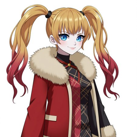 1girl,multicolored hair,blonde hair,black hair,red hair, highlighting,twintails, blue eyes,multicolored clothes, fur jacket, fur-trimmed jacket, red jacket, black jacket,argyle bodysuit, red bodysuit, black bodysuit,facepaint,solo