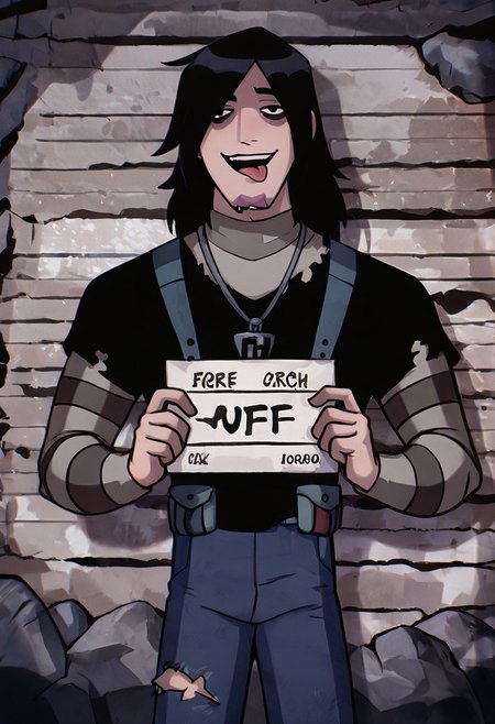 masterpiece, best quality, amazing quality, very aesthetic, absurdres, newest,
kevinov, black hair, bags under eyes, long hair, black eyes, necklace, goatee, layered sleeves, black shirt, long sleeves, short over long sleeves, torn clothes, striped sleeves, jeans, overall belt, 
smile, teeth, rock sign, stripped background, mugshot, holding sign, tongue out, open mouth,
