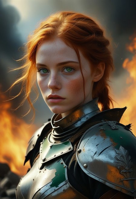 Realistic and highly detailed painting of a sexy green eyes ginger goth girl sits in a moment of rest, clad in worn and dented armor. Her has short and fiery hair flowing in the wind. She holds her helm in her hands, her expression focused and grim. The background is shrouded in smoke and debris. Light filters through the haze, casting a somber glow over her armor, which shows the marks of many fights. The scene conveys resilience, strength, and quiet determination. <lora:sxz-Dark-Fantasy-v2-Flux:1> <lora:FluxMythP0rtr4itStyle:1> <lora:ancient_shadows_of_the_lens-FluxDev:1>
 (8k uhd:1,4)
 <lora:add-detail-xl:1>
 <lora:Dynamic Poses:1>