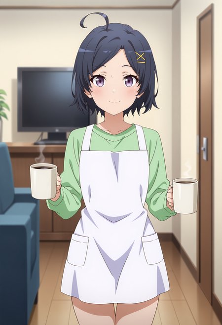 anime screencap, masterpiece, best quality,
<lora:YahariOreNoSeishunLoveComedy_HikigayaKomachi_IlluXL:0.9>,
1girl, solo, closed mouth, light smile, blush,
short hair, black hair, ahoge, parted bangs, x hair ornament, purple eyes,
green shirt, long sleeves, white apron,
holding cup, coffee mug,
thigh gap, cowboy shot, standing, looking at viewer,
living room, indoors, blurry background