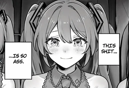 1girl, hatsune miku, 1girl, multiple girls, solo focus, closed mouth, smile, looking at viewer, sitting, upper body, straight-on, chair, tears, crying, crying with eyes open, tearing up, blush, monochrome, greyscale, comic, meme, english text, speech bubble