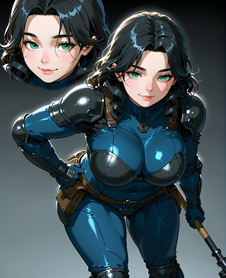 PonyScores7, source_anime, ah1, <lora:natsumi_style:0.5>, <lora:by_usakun-pony:0.4> by usakun, <lora:Akina_Bbw_Style_-_PonyXL:0.2> AkinBw
BREAK 1girl, (curly hair), long hair, (black hair:1.3), mature female, (parted hair:1.7), (round face:1.2), (thick eyebrows:1.5), (curvy), round-chin, (greenish hazel eyes), caucasian, (downturned eyes:1.4), (plump face), messy hair, <lora:Round_face:0.1>, <lora:ETO_OCPonyXL:0.5> eto_oc, skindentation, (plump), thick thighs, wide hips, busty, voluptuous, kinky curls, lips, <lora:venus body PonyXL:0.4>,  (looking pleasured, smile), (wielding War hammer with steel-reinforced handle), (Quantum fluctuations distort perceptions, causing visual distortions and illusions), looking at viewer, (cyan blue azure  <lora:Terraformars:0.4> terraformarsmoviebodysuit, armored bodysuit, boobplate, shoulder pads, wrist guards, gloves, utility belt, belt pouch, hip armor, crotch plate, thigh armor, knee pads, shin guards, armored shoes)
BREAK <lora:xl_more_art-full_v1:0.2>, <lora:shinyskin2:0.2> glistening skin, <lora:aesthetic_anime_v1s:0.2>, <lora:Expressive_H:0.2> Expressiveh, <lora:hairdetailpxl:0.2> hairdetailpxl, <lora:EpicF4nta5yXL:0.2>, <lora:detailxl:0.2> detailxl, <lora:Fant5yP0ny:0.2>, best quality, amazing quality, best aesthetic, absurdres, <lora:expressive eyes:0.2> expressive eyes, <lora:eyedetailpxl:0.2> eyedetailpxl, illustration, Volumetric_Lighting, ultra-detailed, very aesthetic, intricate details, 8k, masterpiece, best_quality 
BREAK (High Angle view medium Close shot (focus on knees)) 
BREAK <lora:Eyes_High_Definition:0.3> EyesHD, Stable_Yogis_PDXL_Positives, AS-Adult, <lora:Complicated fantasy portrait - XL Pony V2.0:0.4>, bad-hands-5