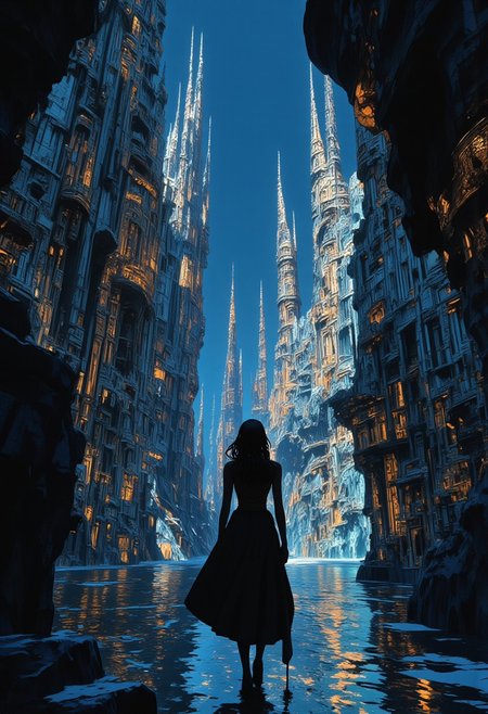 «  In the middle distance, stands a beautiful woman looking toward the river. »